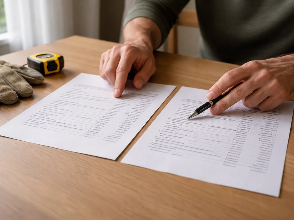 Hands comparing two patio quote papers with a small tape measure on a table
