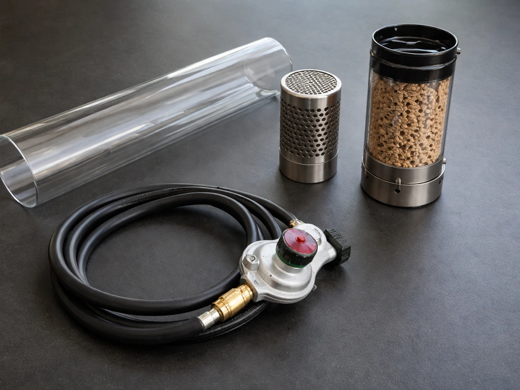 Neatly arranged Metro Jetlamp patio heater components: glass tube, spark arrestor, pellet cartridge, and propane setup.