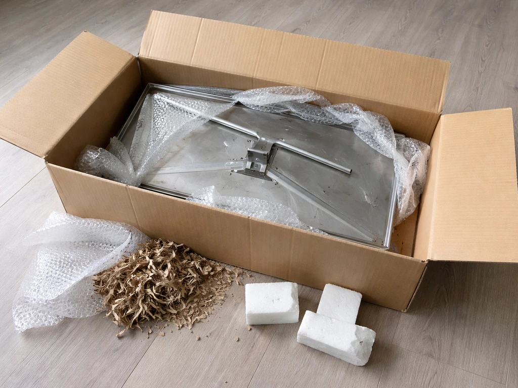 Open delivery box with packing materials and a partially assembled unit showing slight shipping wear.