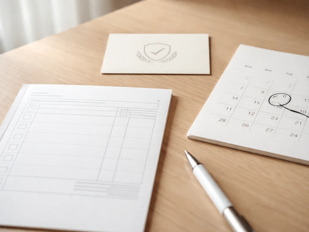 Close-up of a modern home receipt and a warranty card on a clean desk beside a small delivery calendar.