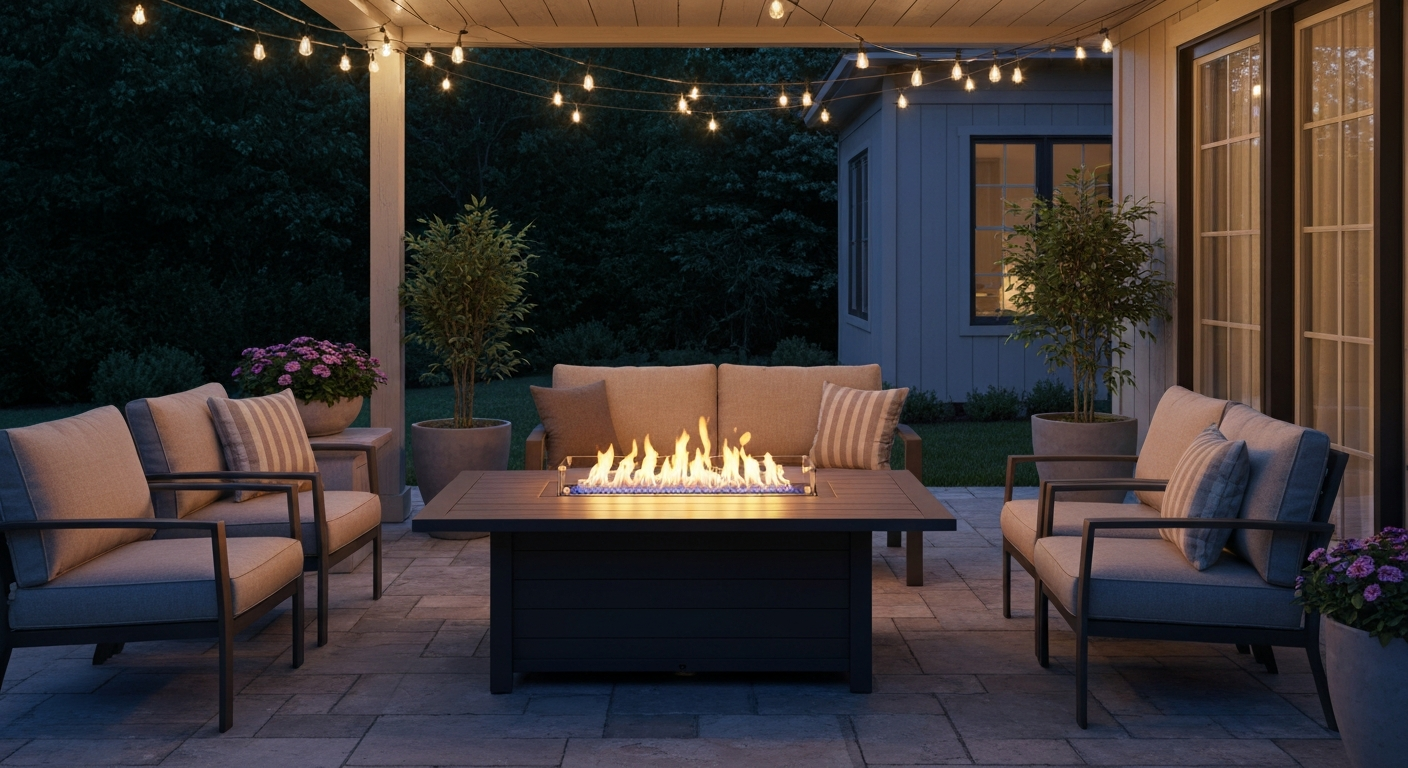 Evening patio with a modern propane fire table surrounded by seating and string lights, warm fire glow.