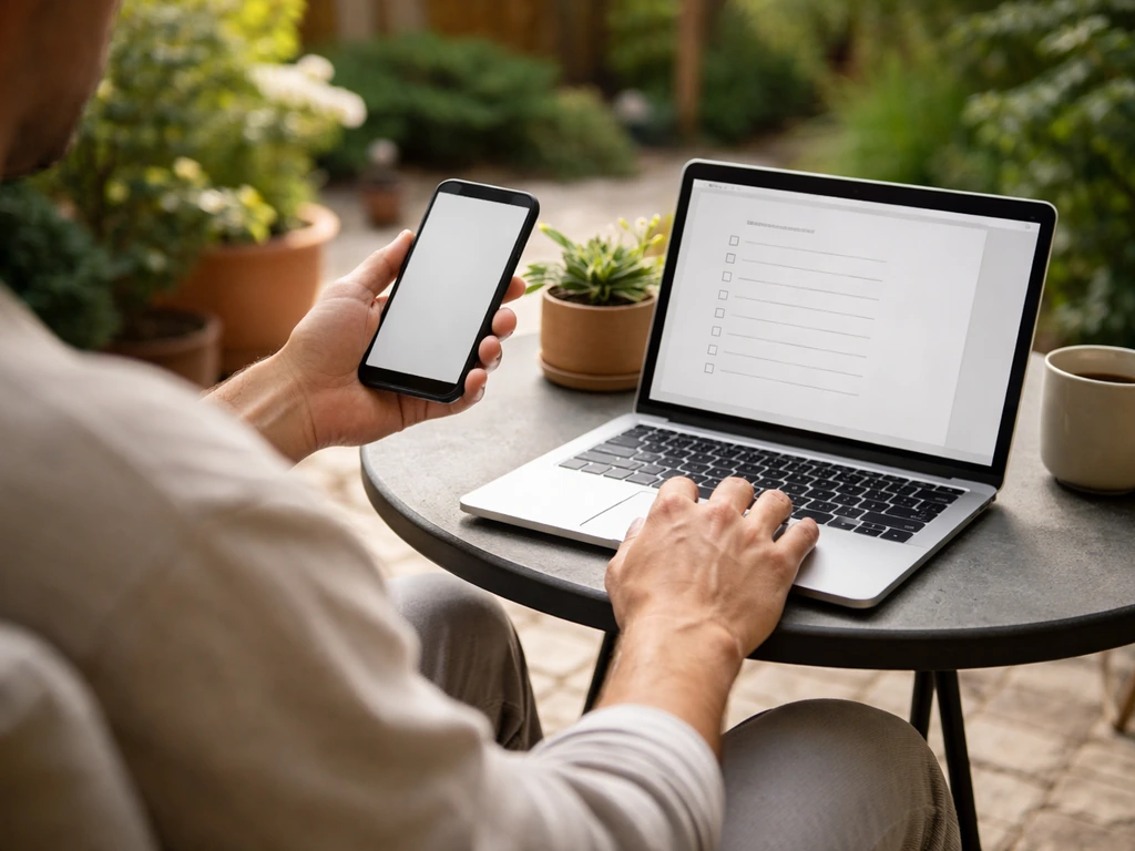 Homeowner reviewing patio contractor checklist on a phone near patio furniture in a private outdoor patio.
