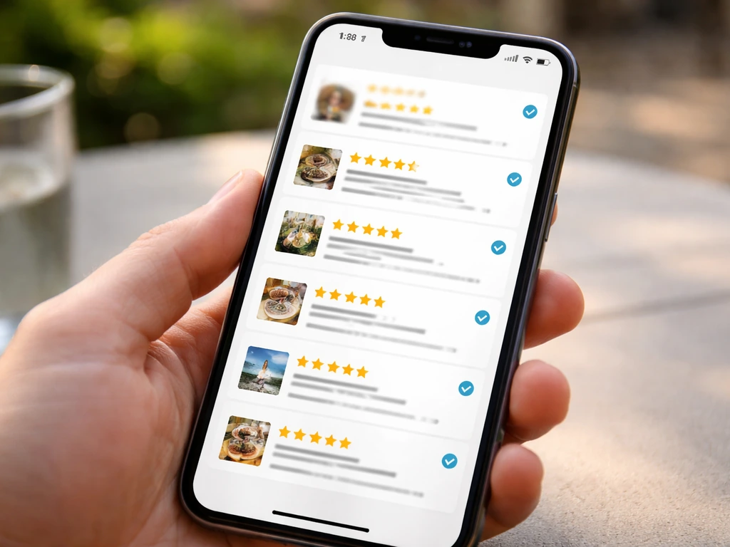 Close-up phone screen showing review-like UI signals with stars and verified markers, no readable text.