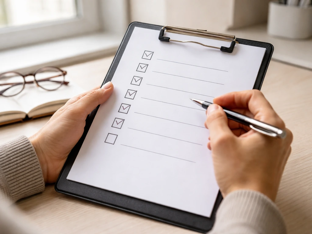 Close-up of hands holding a clipboard checklist on a desk with pen and planning items nearby.