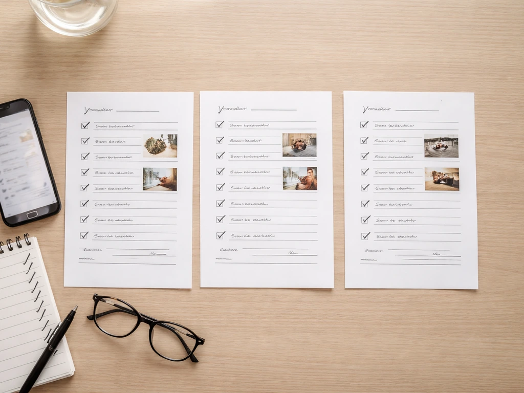 Close-up of a minimal desk with three filled comparison sheets, pen, notepad, and a phone showing blurred emails.