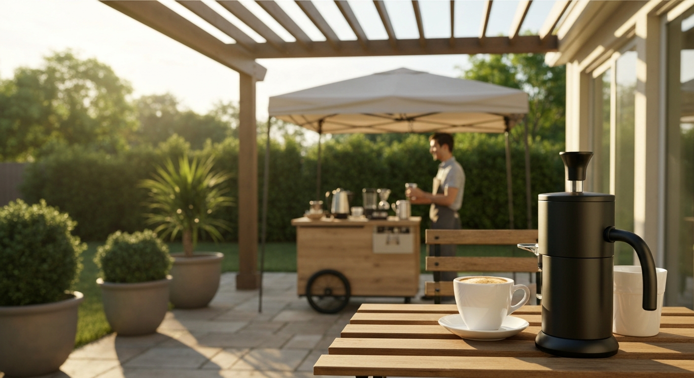 Sunlit patio with a portable manual espresso maker on a table and a mobile espresso cart under a canopy, people enjoying espresso.