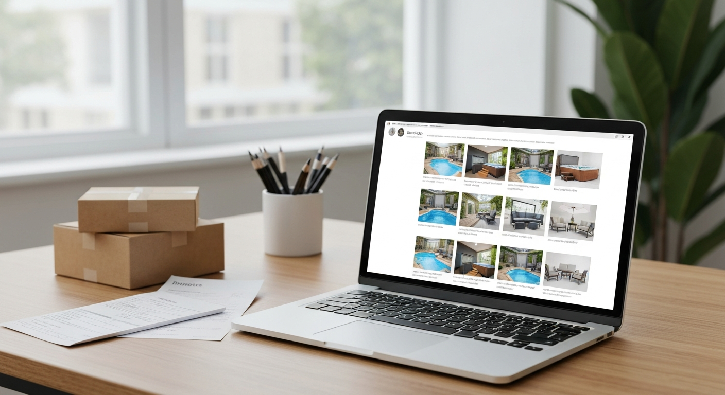 Laptop showing an online patio and garden storefront on screen with shipping boxes and an invoice on a desk, evoking e-commerce shopping for pools and outdoor products.