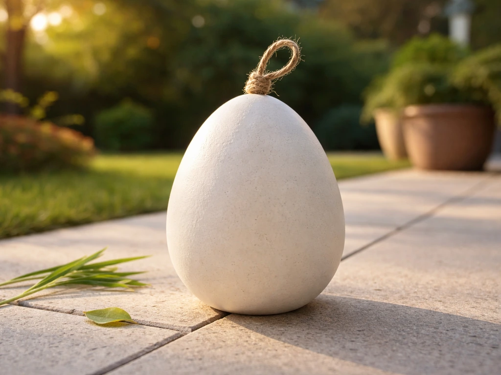 Close-up of a patio “egg” mosquito repellent device on a quiet outdoor patio surface.