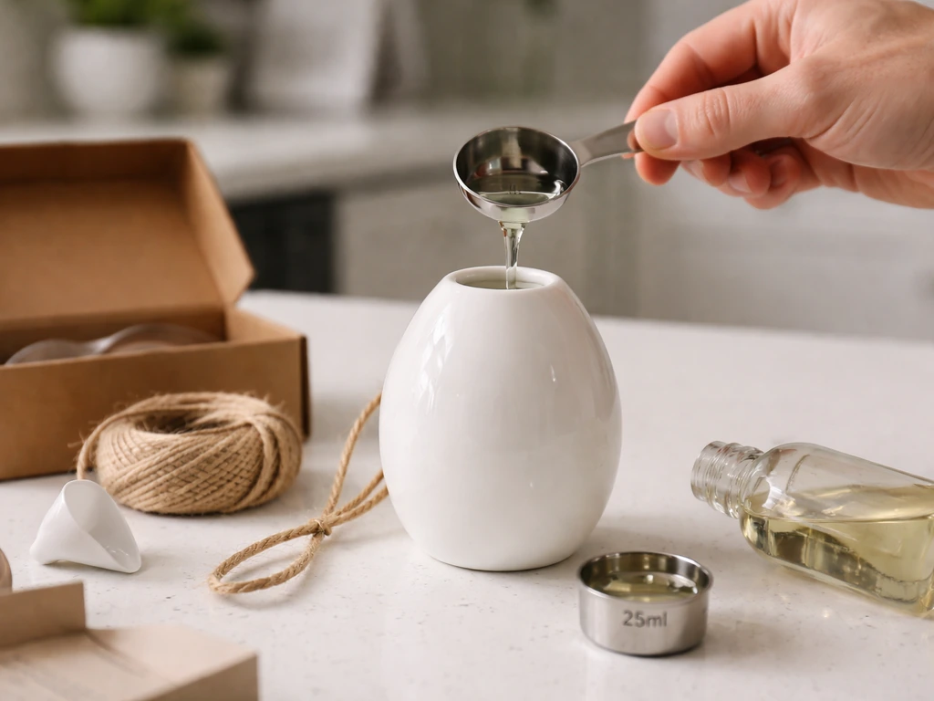 Close-up of measuring 25ml repellent oil poured into a ceramic patio egg after unboxing kit