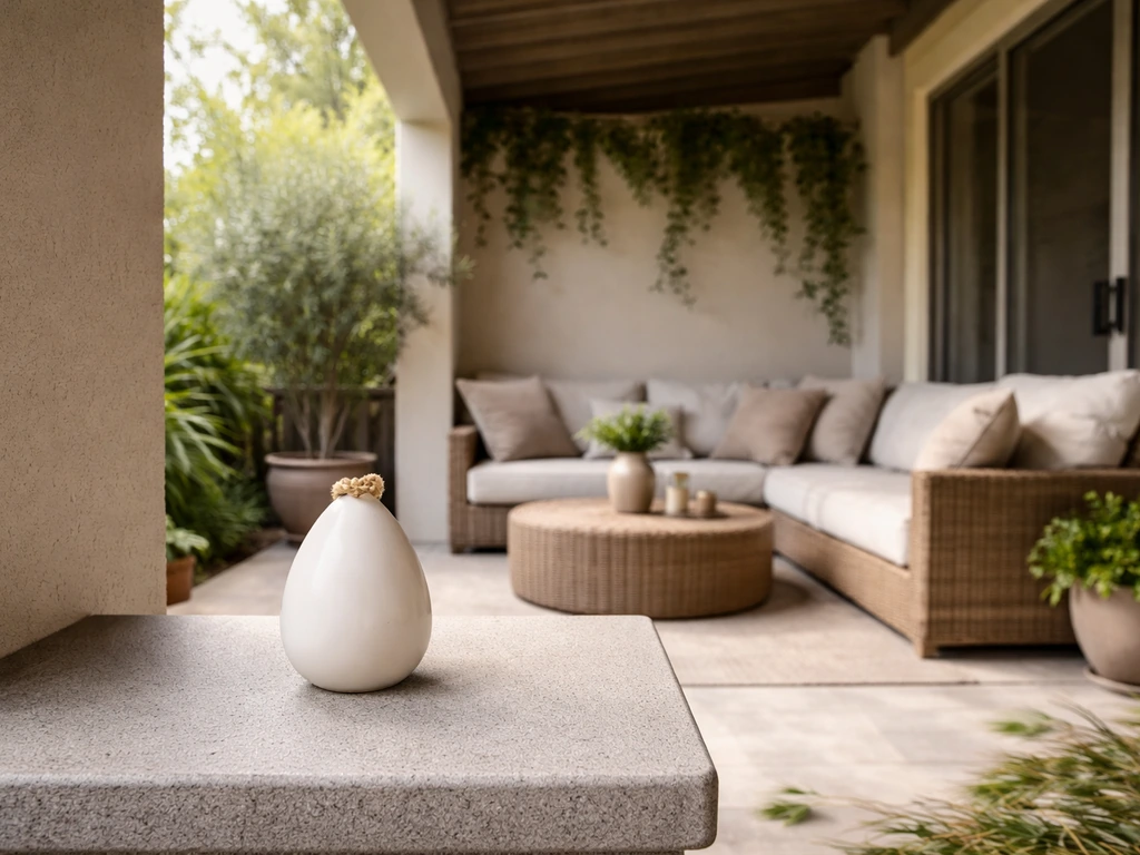 Semi-enclosed outdoor patio corner with a small patio device on the tested spot, showing limited airflow.