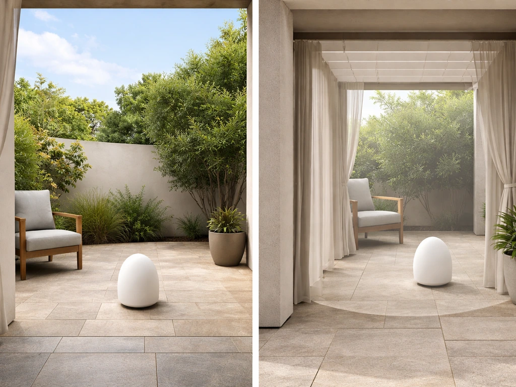 Split view of open patio vs semi-enclosed patio showing where an egg-shaped device would fit under coverage.