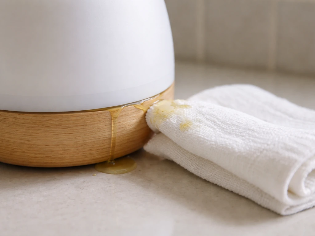 Close-up of an essential oil diffuser base with a small oil leak and a cloth blotting up the spill