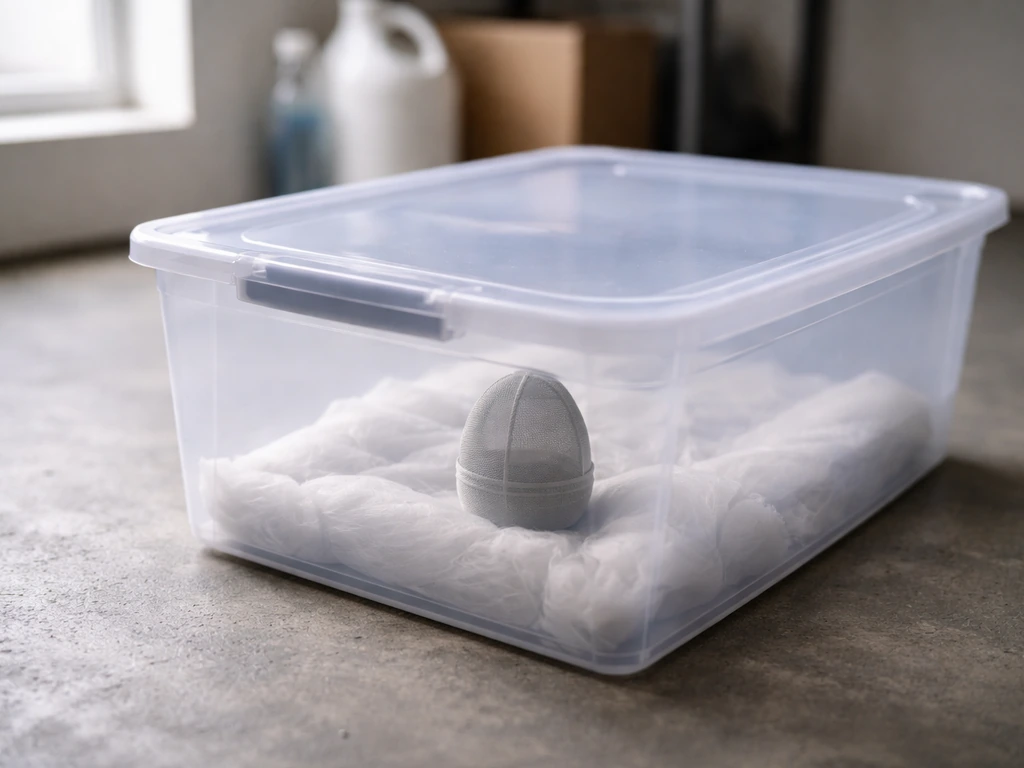 Unfilled patio mosquito egg inside a sealed storage bin in a cool, dry indoor corner