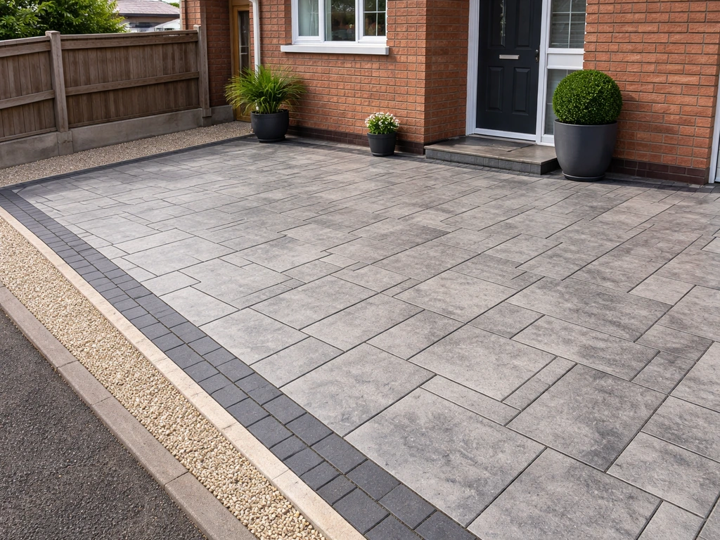 Newly finished driveway and patio with patterned imprinted concrete, clean edging, and subtle landscaping.