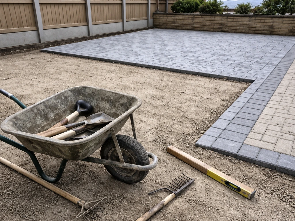 Contractors’ tools beside newly laid patterned imprinted concrete and block paving on a driveway.