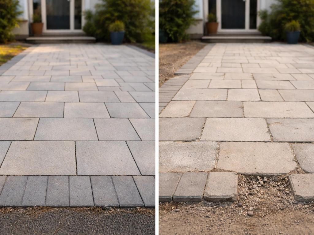 Split photo: one side a clean finished patio, the other uneven, incomplete paving and rough edges.