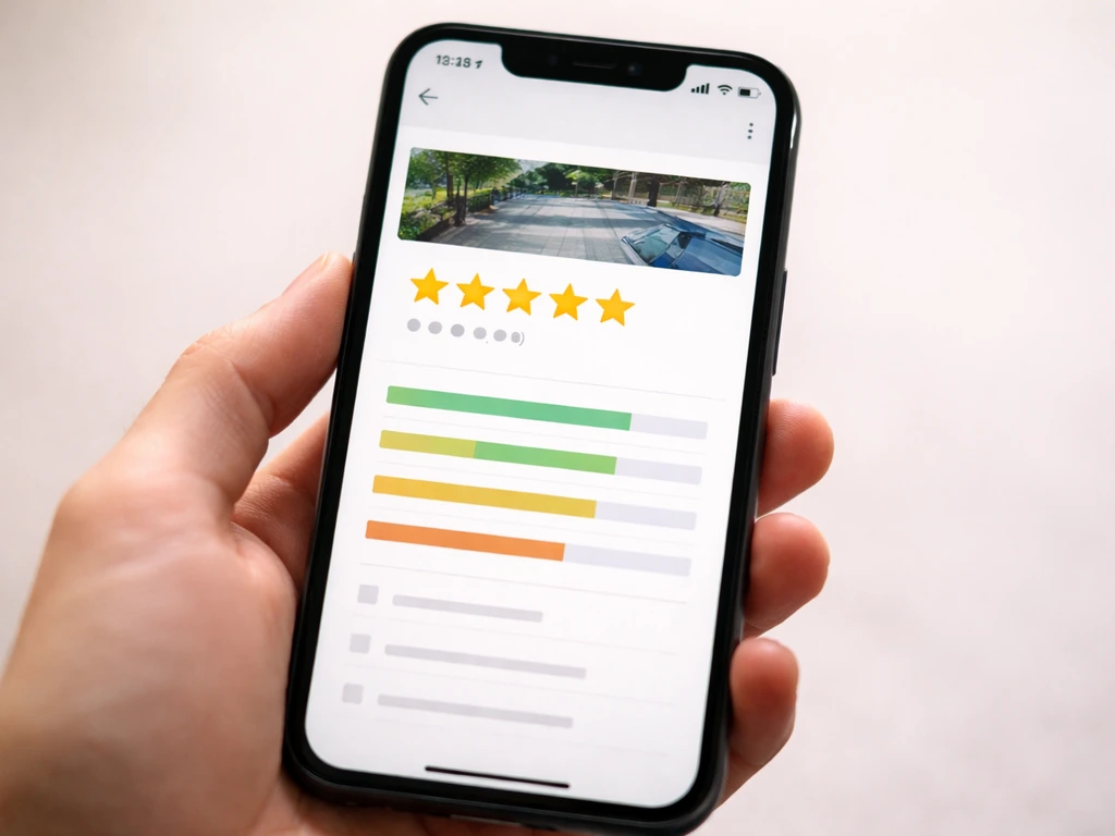 Smartphone showing a generic review listing layout with stars, review count, and sub-scores