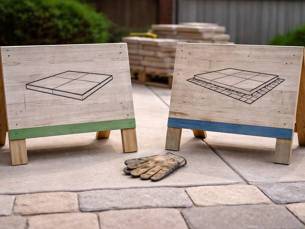 Two patio-building contractor service boards side by side with subtle differences, no readable text