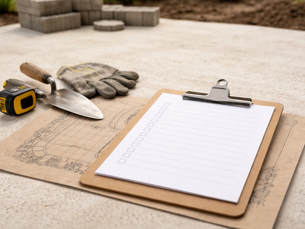 Photo-style checklist on clipboard over a simple patio site plan, with contractor tools nearby.
