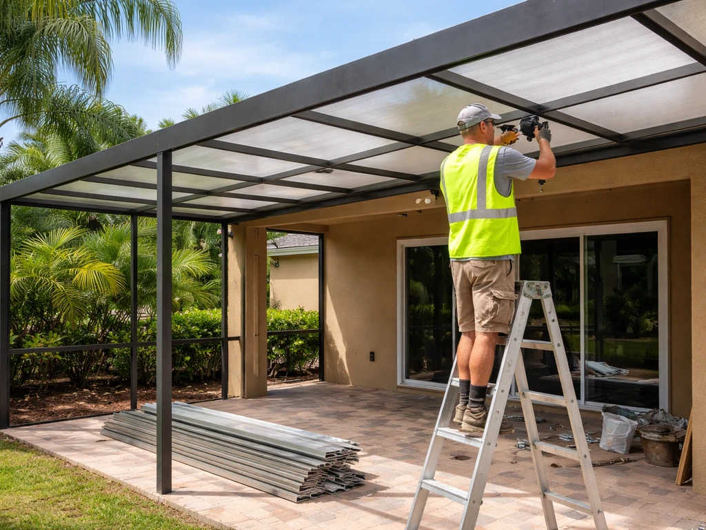 Contractor installing a patio cover with aluminum panels in a Tampa-area backyard patio enclosure