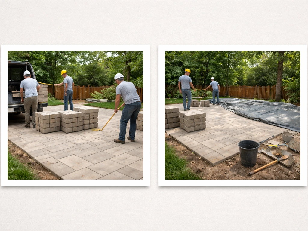 Two side-by-side photo cards showing patio installation done professionally vs minor mess/tool clutter.