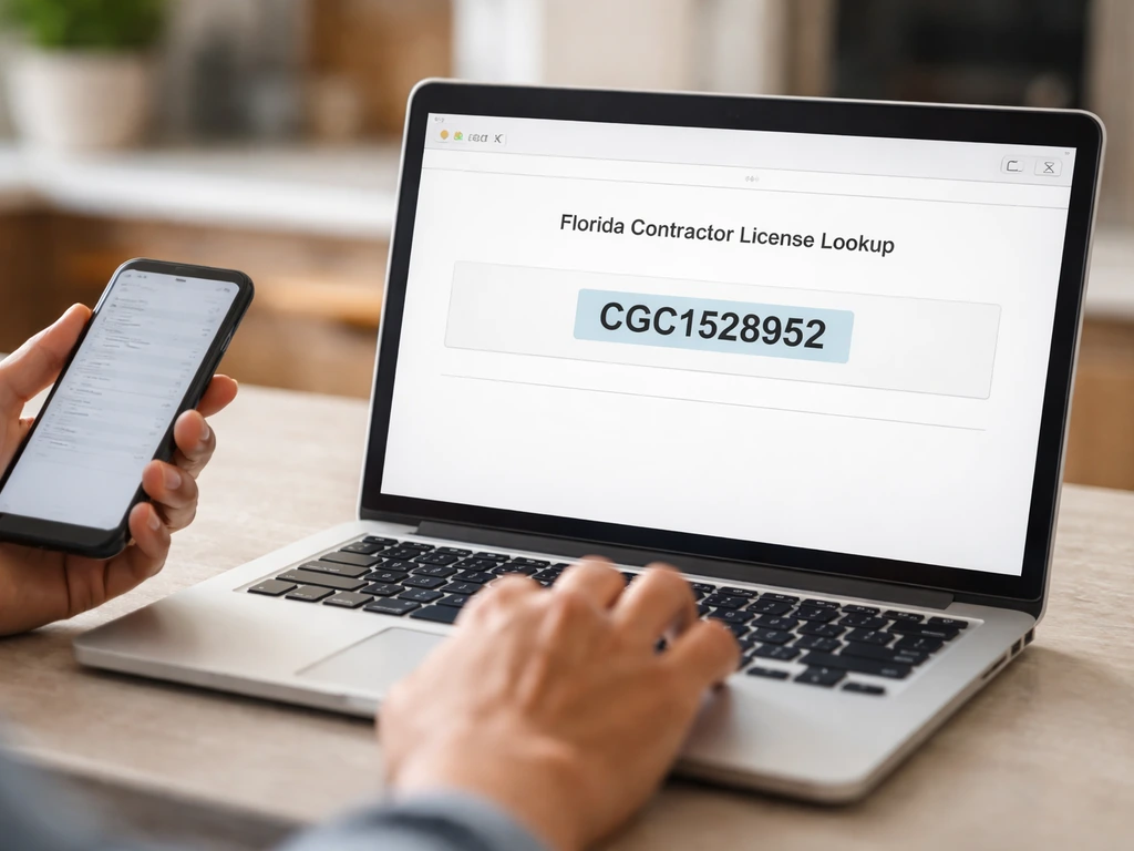 Close-up of a laptop showing a Florida contractor license lookup page with an ID highlighted