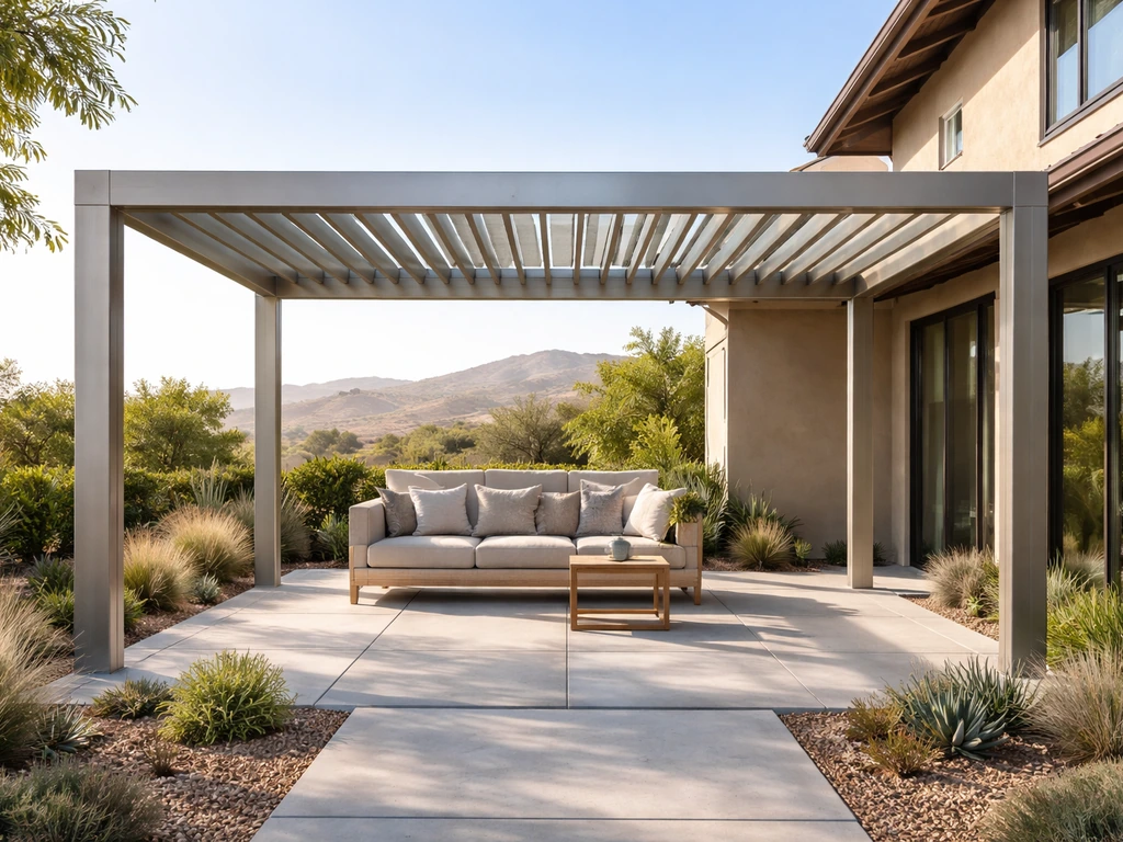 Modern Southern California patio with a custom aluminum shade cover in warm sunlight.