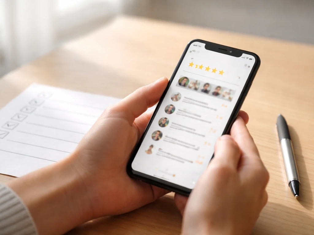 Hands pointing at a small checklist beside a smartphone showing review icons and dates, minimal desk scene