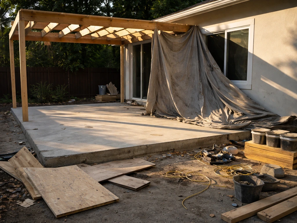 Unfinished patio with scattered materials and tarps, suggesting construction delays and red flags.