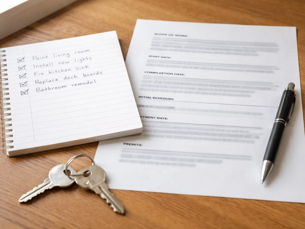 Home improvement contract papers and pen on a wooden desk, with blurred sections for essential contract terms.