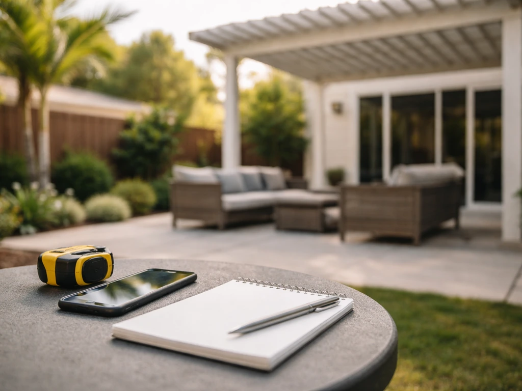 Minimal tabletop scene with a blurred smartphone and outdoor patio covers in the background.