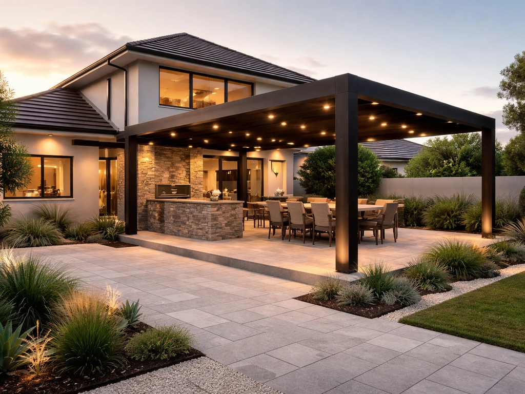High-end Perth home exterior featuring a custom patio and pergola in natural golden light.