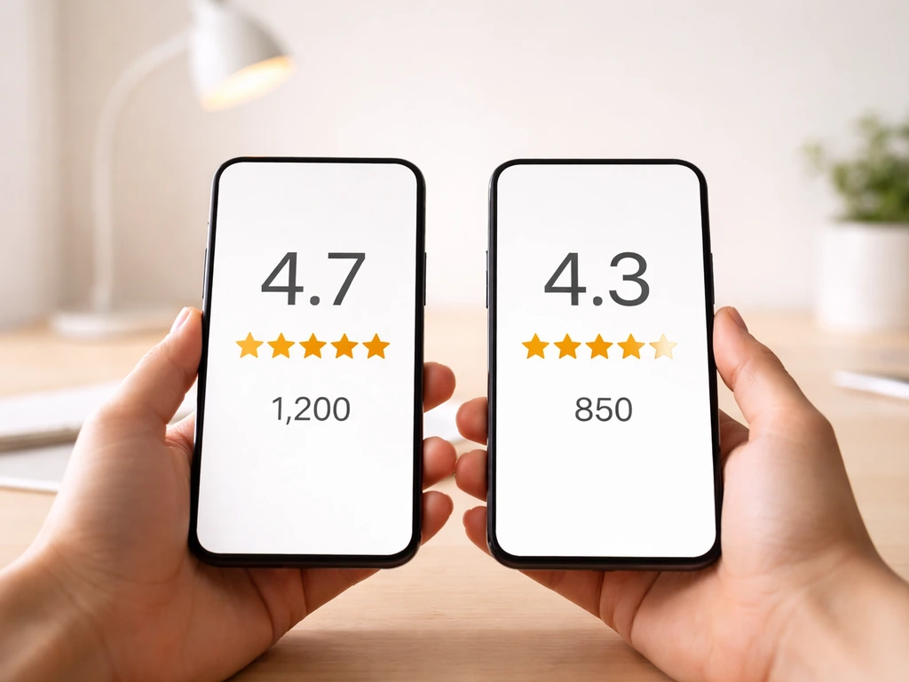 Two phones side by side showing different generic star ratings and review counts for comparison