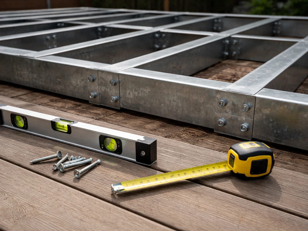 Close-up of steel framing beams with a level and measuring tools on a patio construction site