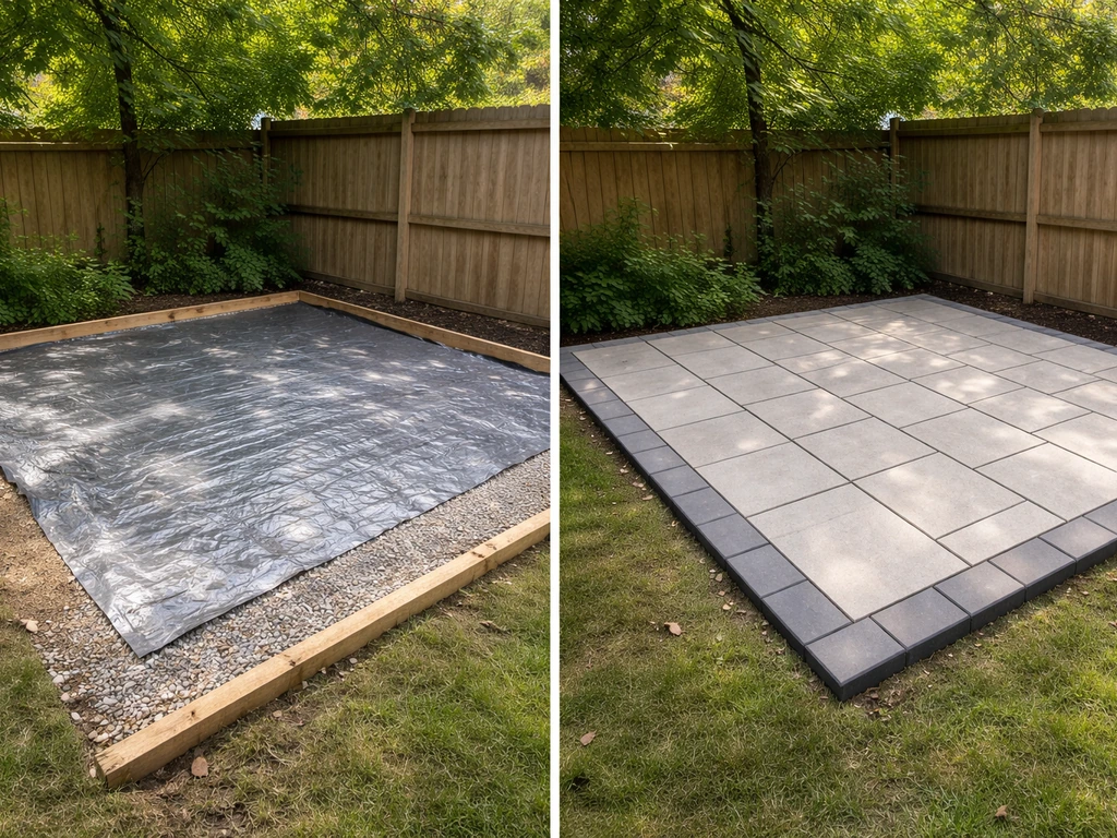 Patio construction progress shown from early waterproofing to finished pavers in a simple backyard.