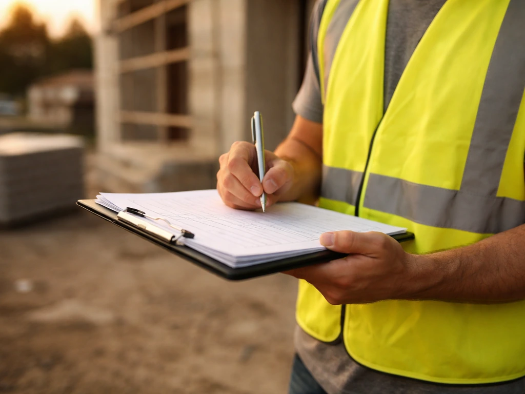 Technician reviewing an after-sales snag list on a clipboard while construction site elements sit softly in background