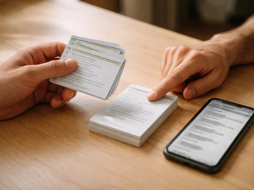 Close-up of hands comparing patio company documents and a phone showing business register search results