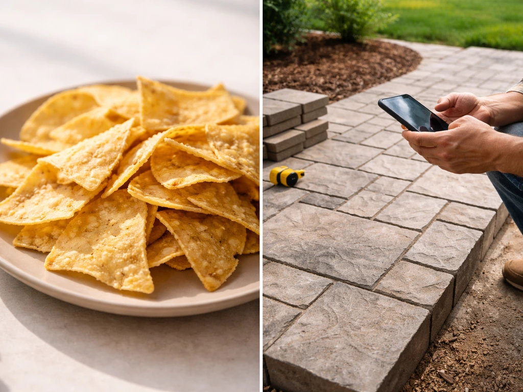 Close-up tortilla chips next to a patio contractor-style scene with stamped pavers and a check-in moment
