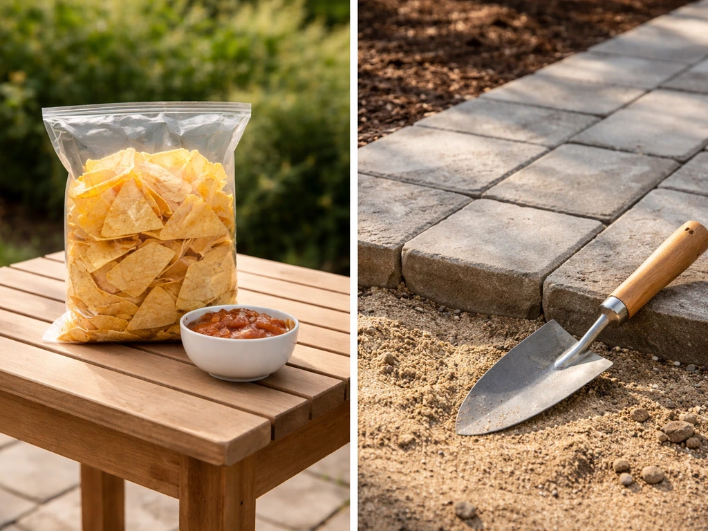 Two interpretations of “patio chips”: tortilla chips bag by patio pavers and yard inspection stones.