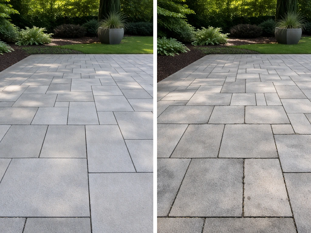 Side-by-side patio surfaces: freshly laid stone pavers vs. weathered, worn pavers with slight cracking and stains.
