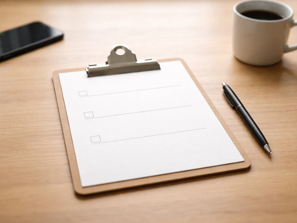 Minimal close-up of a clipboard with three blank rows, suggesting a comparison checklist for tracking reviews.