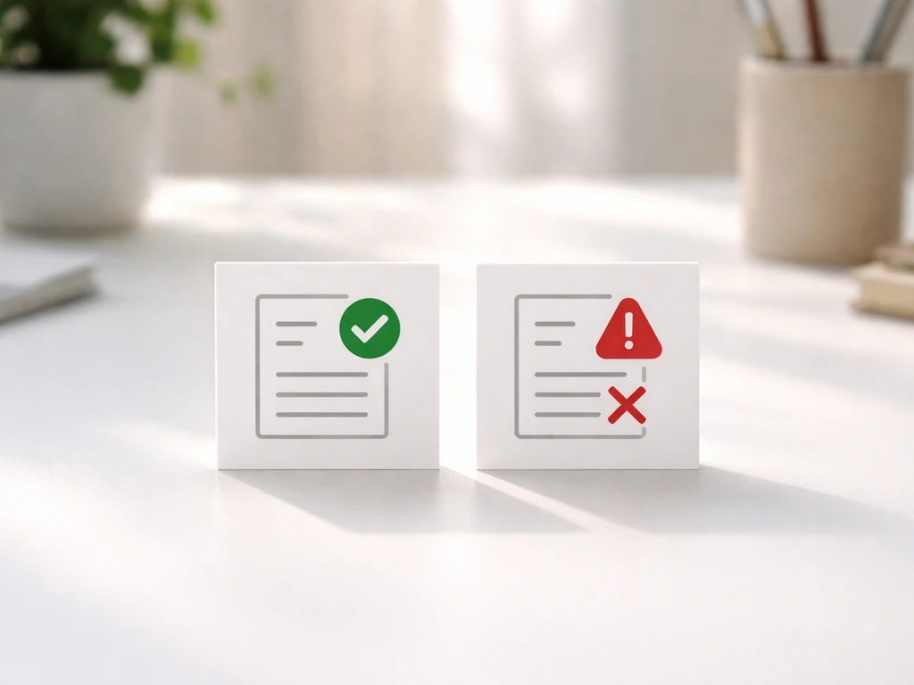 Minimal photo of a desk with two small cards showing check marks and warnings side by side