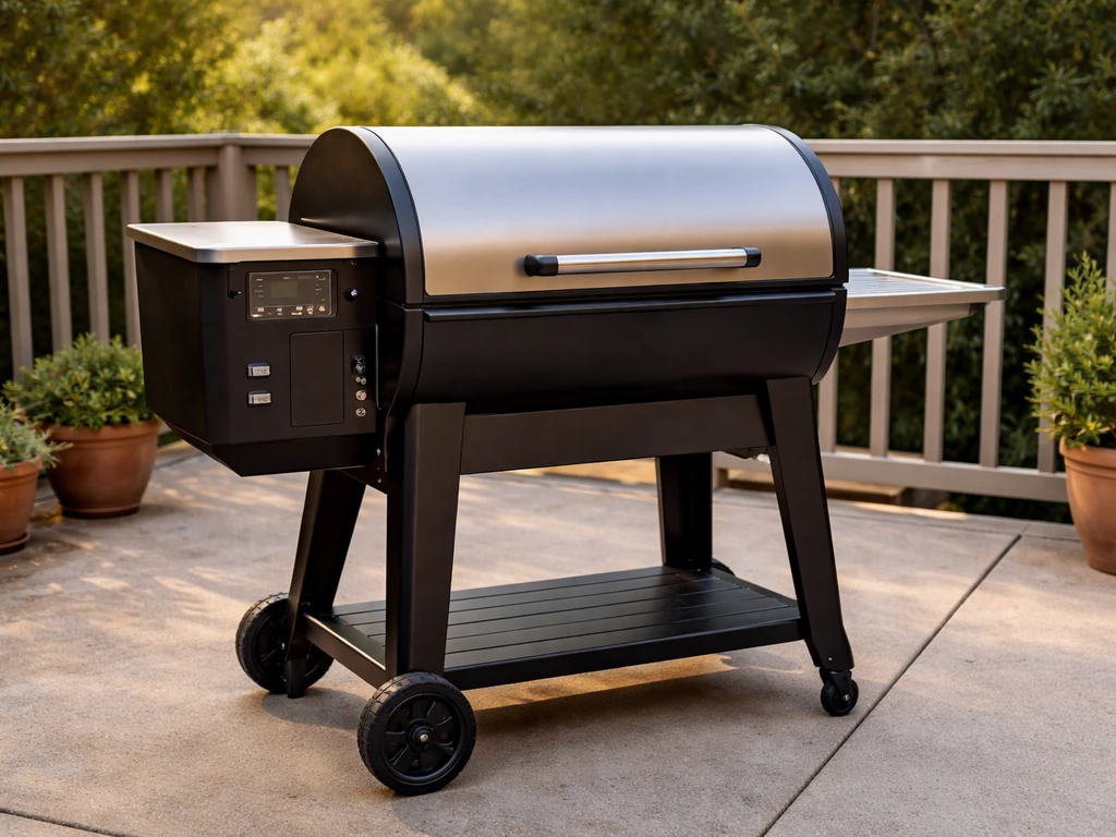 Patio Legend 410 pellet grill on a backyard patio, full grill and cooking chamber visible in natural light.