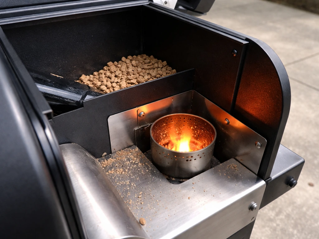 Close-up of a wood pellet grill’s hopper and firepot area with visible pellets and subtle glow
