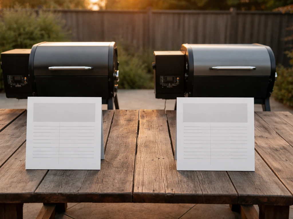 Two side-by-side pellet grills on a patio table, one labeled with generic specs cards (no readable text).