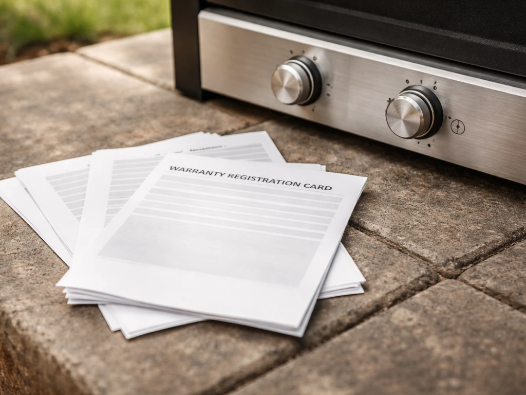 Close-up of a warranty card and grill documentation beside a pellet grill control panel