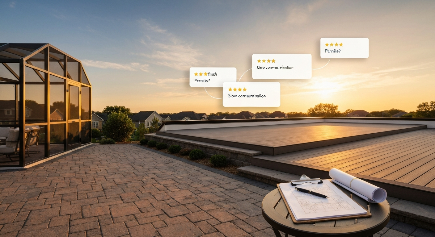 Golden-hour suburban patio scene showing pavers, a raised composite deck, and an aluminium-framed enclosure with subtle floating review cards indicating aggregated customer feedback.