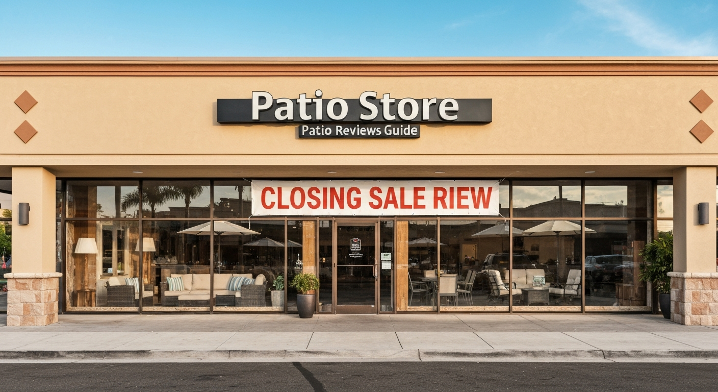 Storefront of a patio furniture showroom with a prominent 'Closing Sale' banner and visible outdoor furniture displays, conveying caution about the business.