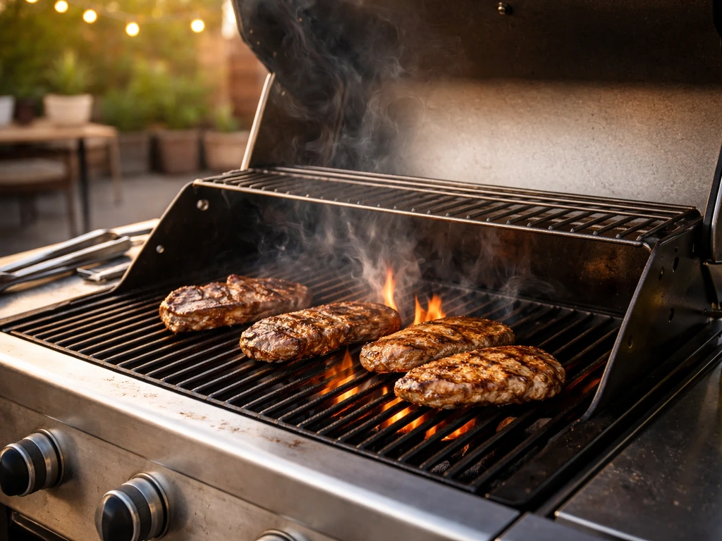 Outdoor patio grill with BBQ cooking in progress, propane grill close-up under warm natural light.