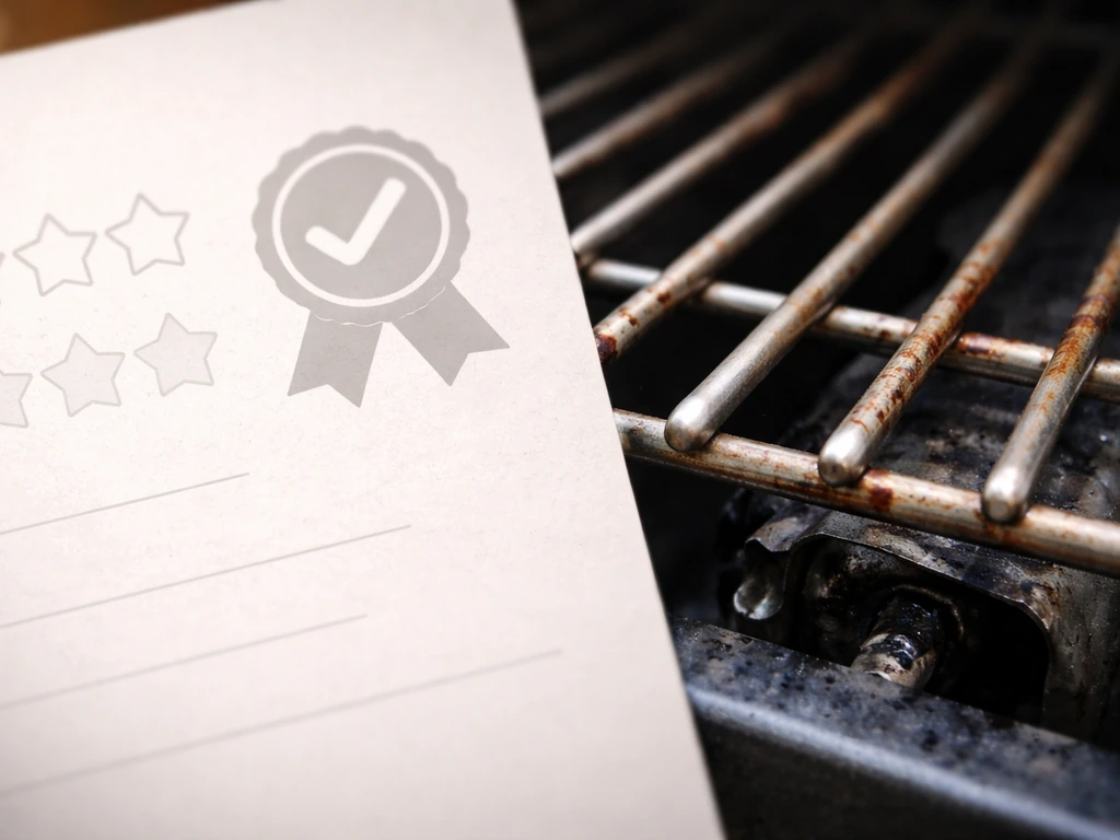 Close-up of grill grate with rust and a damaged igniter, with blank rating stars and a badge shape.
